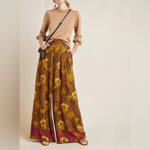 Maeve by Anthropologie Wide Leg Pants Womens 14 Brown Retro Floral Boho Relaxed